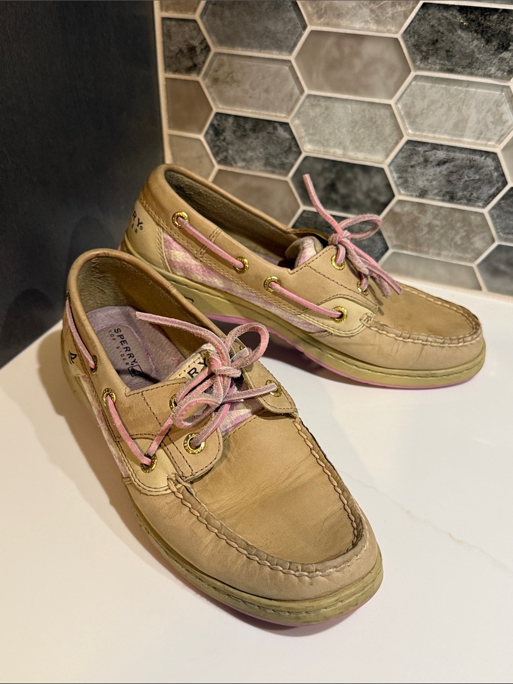 Sperry Top Sider Leather Boat Shoes with Pink Gingham Accents